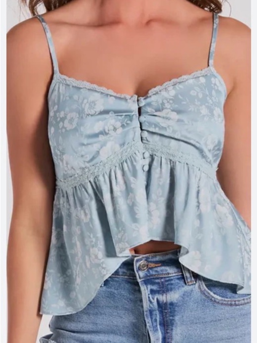 Princess Polly Powder Blue Floral Lace-Trim Cami
